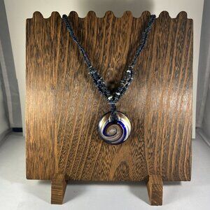 Handcrafted Blue & Silver Swirl Pendant Necklace With Beaded Chain & Adjustable